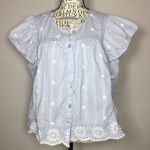 100% cotton eyelit lace blue shirt sleeve summer top white flower embroidery L